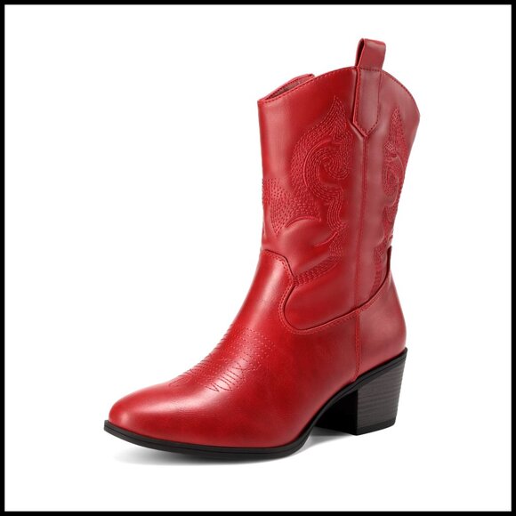 Women's Mid Calf Cowboy Boots with Embroidery Round Toe Low Heel - Picture 1 of 7